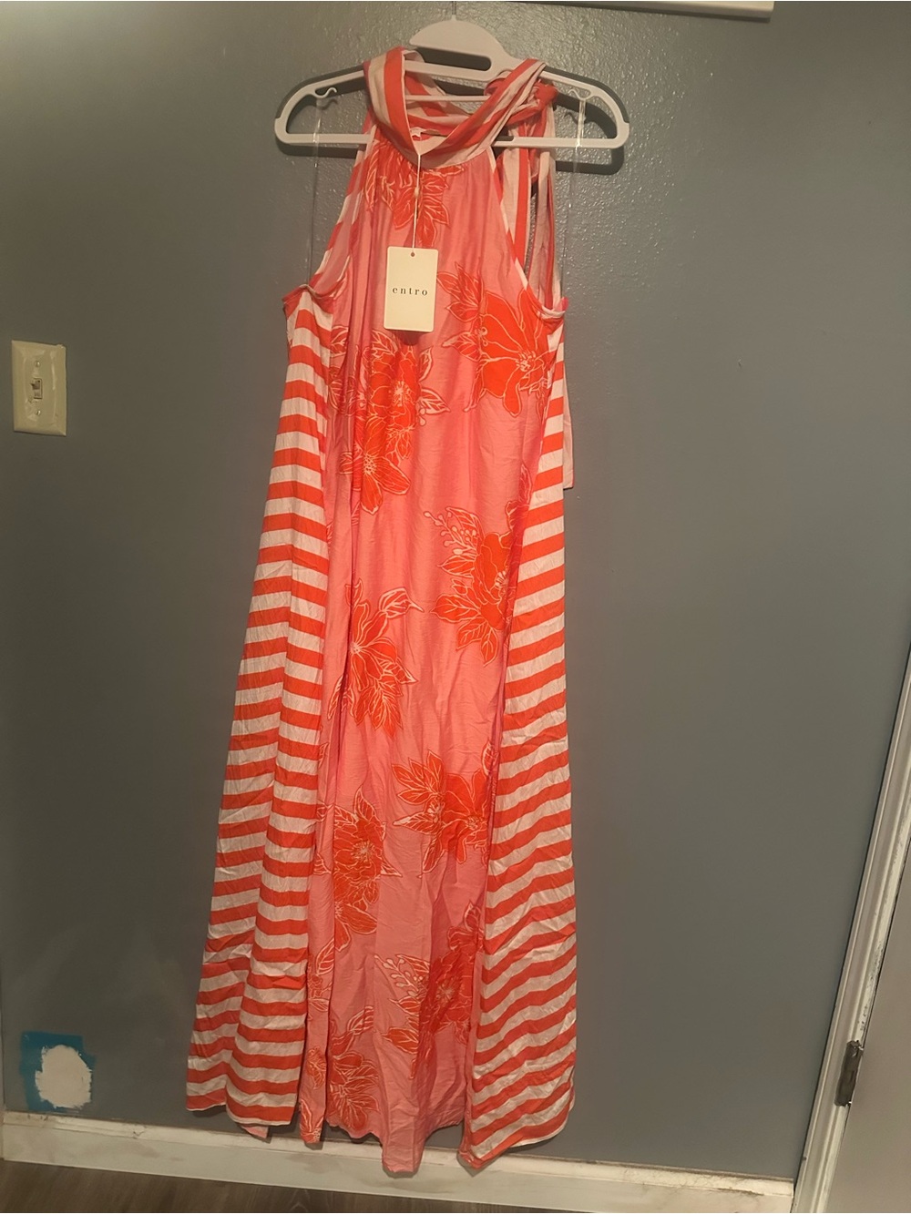 Entro Coral Pink & Orange Striped Floral Maxi Dress